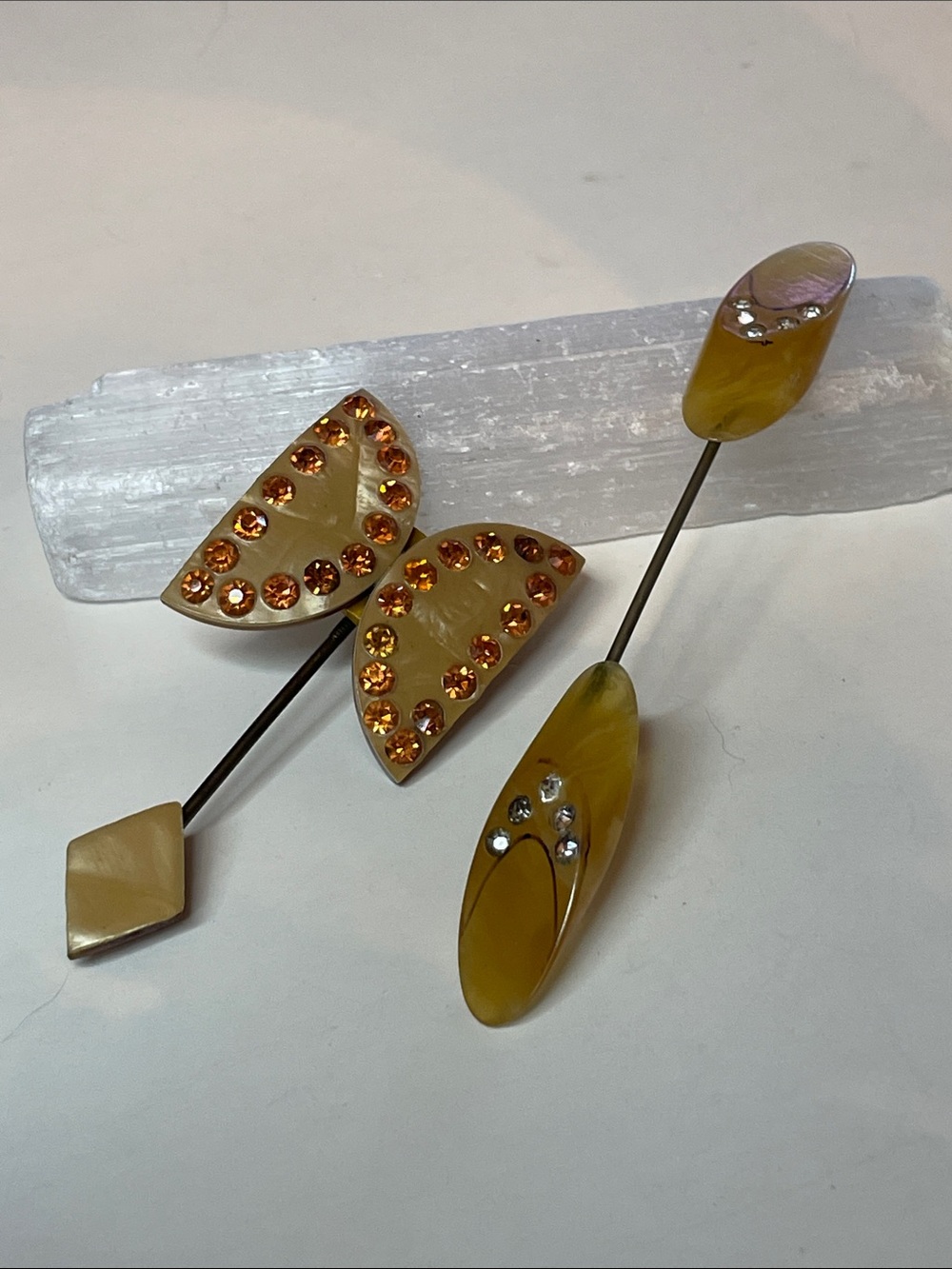 Two Antique Art Deco Celluloid Jabots Stick Pins or Hat Pin